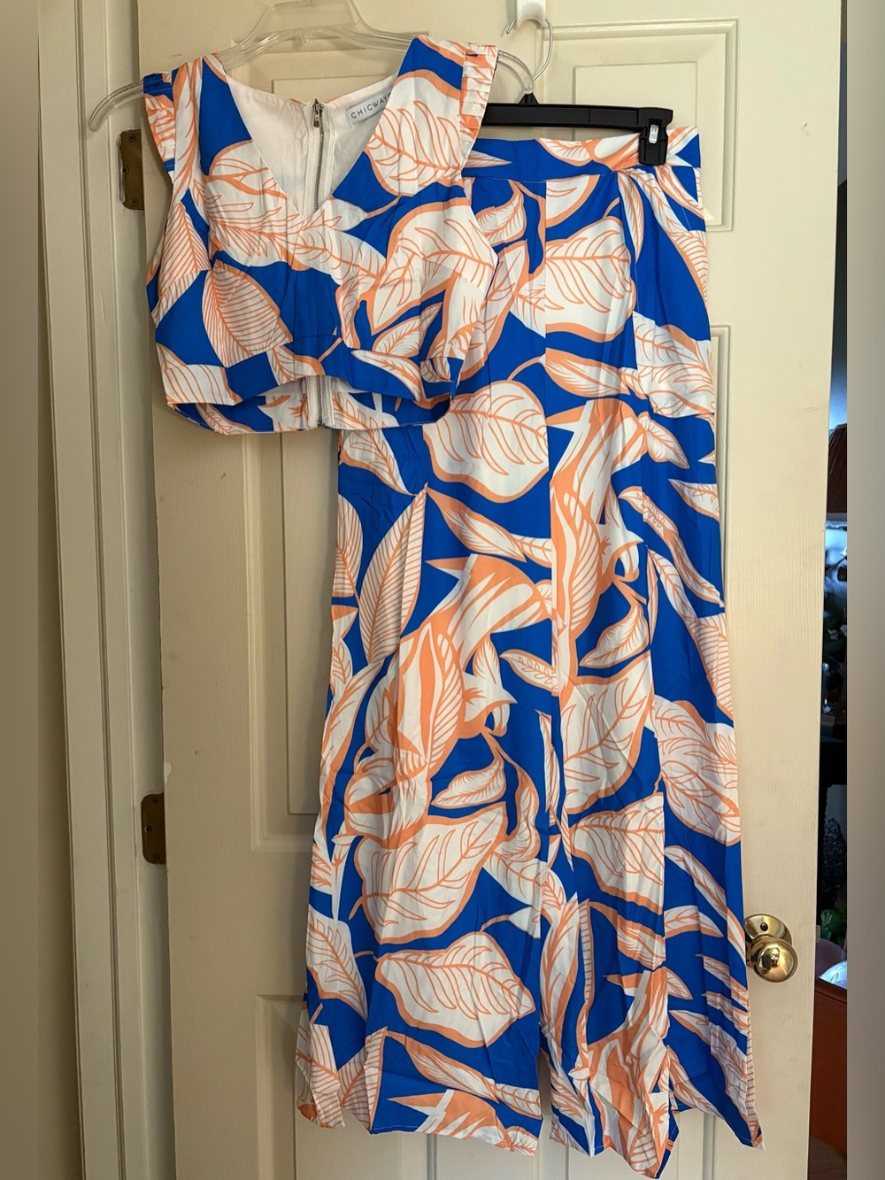 Chicways Size Large Blue & Orange Crop Top & Wide Leg Pant Set | NWOT